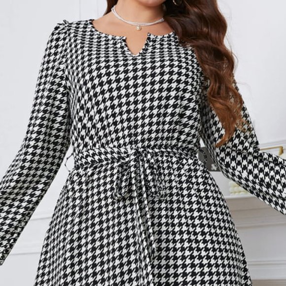 Melo Apparel Plus Size Notched Neck Houndstooth Tie Belt Maxi Dress - Picture 3 of 7